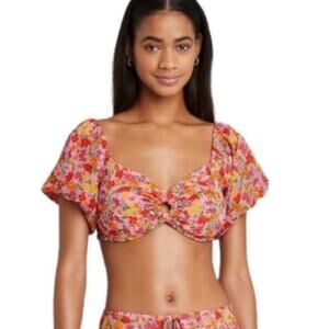 Wild Fable Womens Floral Crop Top SZ M Pink Peasant Puff Sleeve Tie Back Y2K